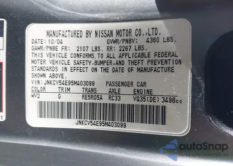 2005 Infiniti G35 z USA, uszkodzony, nr VIN JNKCV54E95M403099